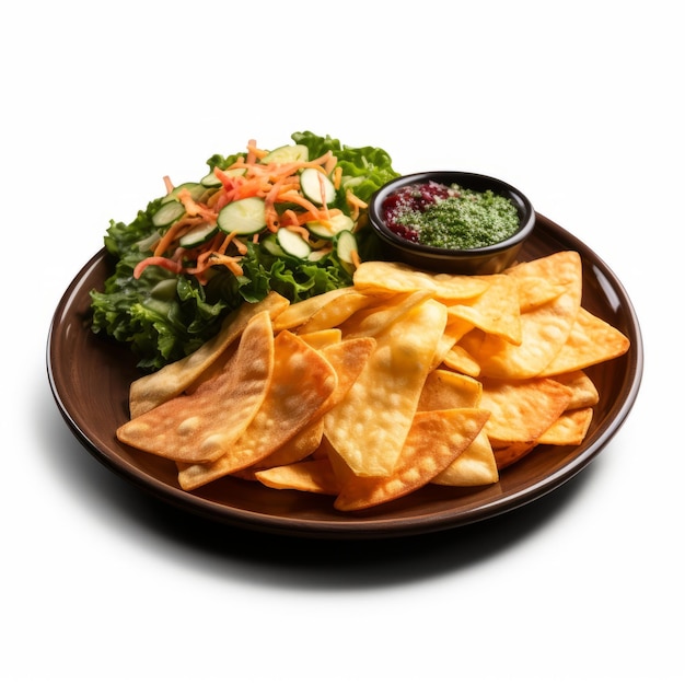 Krokante Tortilla Chips Met Salade En Dip Donker Smaragd En Licht Beige