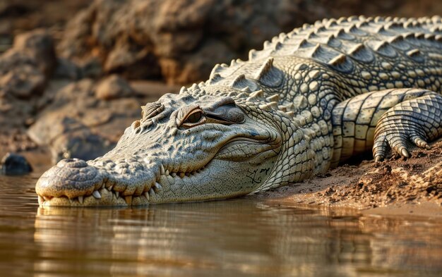 krokodil die zich op de oever van een rivier koelt