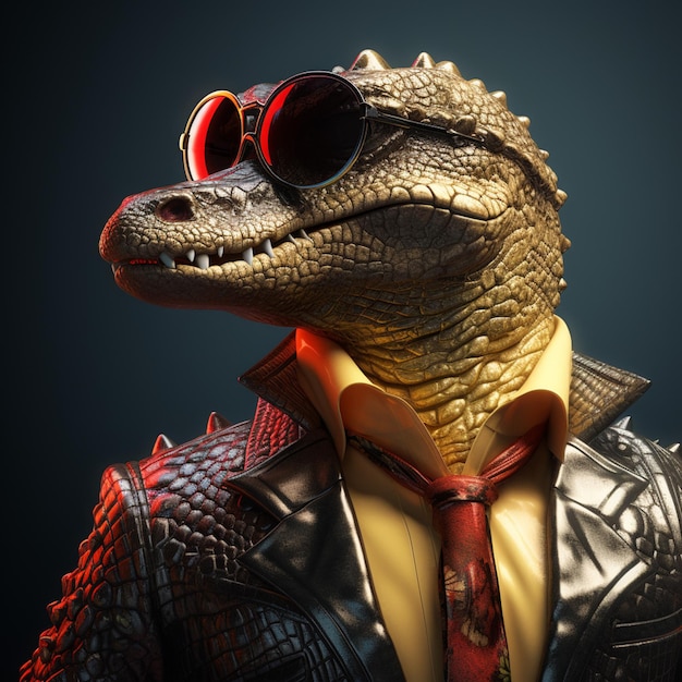 krokodil draagt een leren jas en stropdas met zonnebril op generatieve ai
