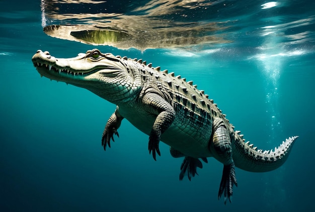 Krokodil drijft onder water Alligator in ondiep water kijkt uit het water Zeeleven onder water in