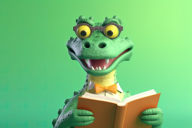 Krokodil Glimlachend Boekenwurm Karakter Dragen Van Een Bril En Lezen Van Een Boek Illustratie Onderdeel Van Dieren