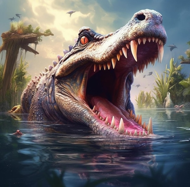 krokodil in het water met open mond en wijd geopende tanden generatieve ai