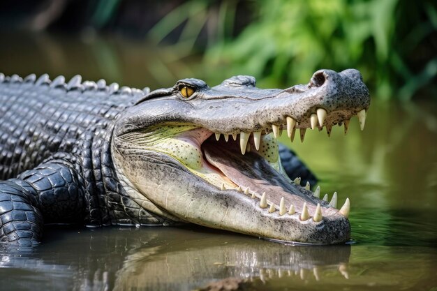 Krokodil met zijn mond wijd open met een groen meer op de groene achtergrond