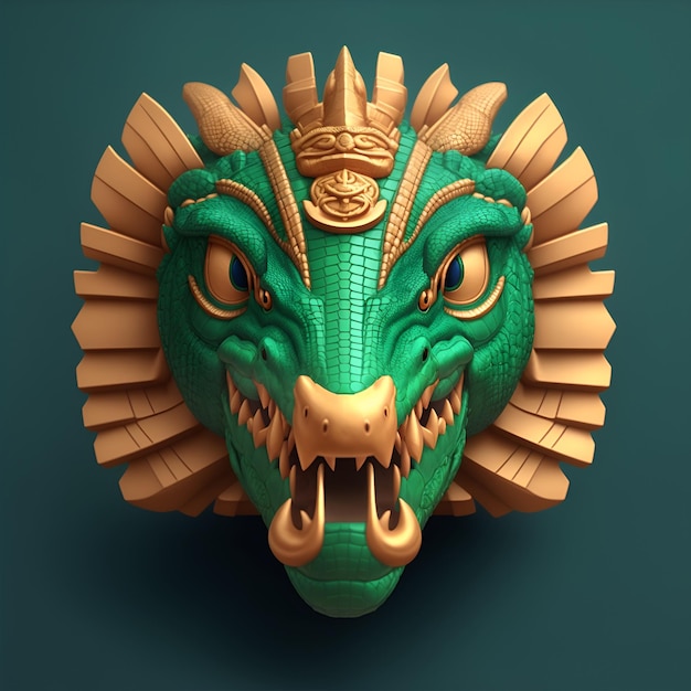 Krokodil quetzalcoatl hoofd symmetrisch plat icoon ontwerp 3D rendering AI gegenereerd