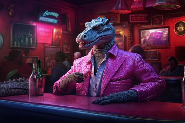 Krokodil roze gangster in neon bar illustratie generatieve ai