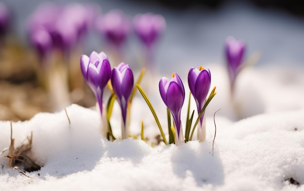 Krokusbloemen in de sneeuw met de sneeuw op de grond