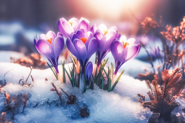 Krokussen geel groeien in de tuin onder de sneeuw op een lente zonnige dag banier