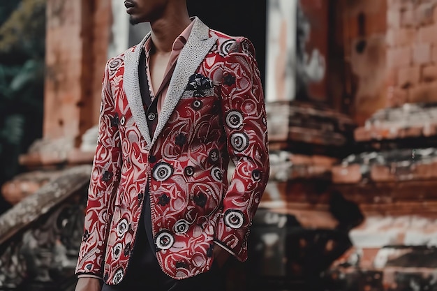 Kromme mannelijk model met extravagante versierde blazer met hoge mode