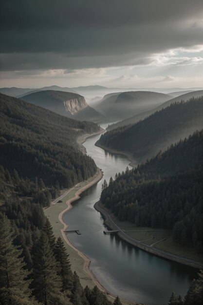 Kronkelende rivier tussen mistige dennenbosheuvels