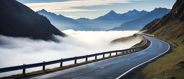 Kronkelige bergweg voor een wolk van mist