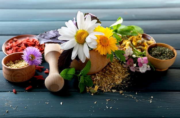 Foto kruiden bessen en bloemen op kleur houten tafel achtergrond