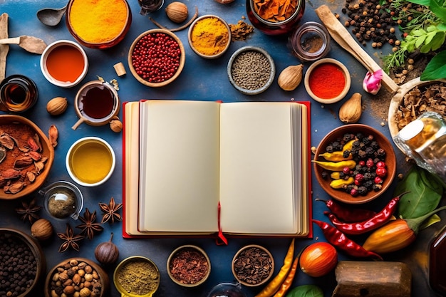 Kruiden en specerijen met een kookboek over blauwe achtergrond Bovenaanzicht met kopie ruimte Receptenboek sjabloon mock up Generative Ai