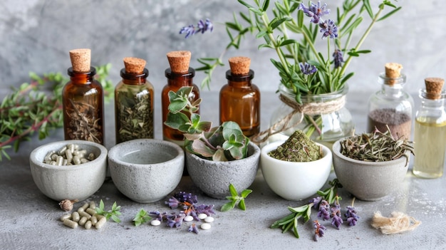 Kruiden en specerijen op stenen achtergrond Herbal geneeskunde concept