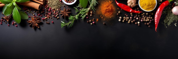 Kruiden en specerijen voor het koken op donkere achtergrond