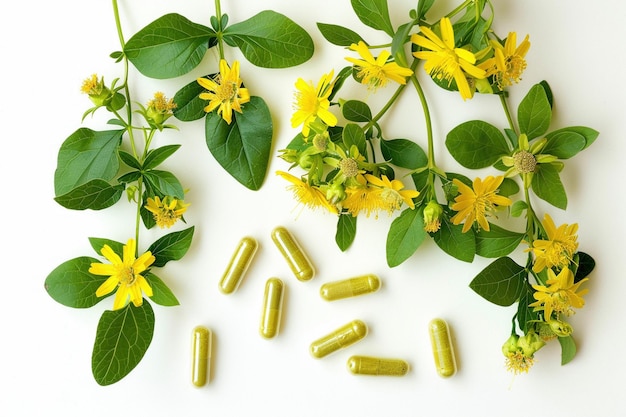 Kruidengeneesmiddelconcept met groene St. Johns Wort-planten en -capsules geïsoleerd op witte achtergrond