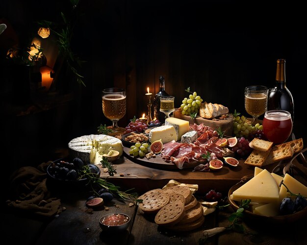 Kruidenierswinkel lay-out op een houten tafel in warme bruine tinten kaas delicatessen met fruit en wijn illustratie gegenereerd met AI