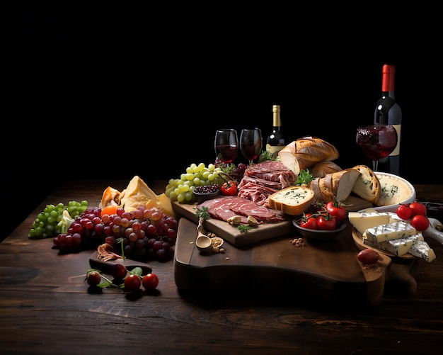 Kruidenierswinkel lay-out op een houten tafel in warme bruine tinten vlees en kaas delicatessen met kruiden en wijn illustratie gegenereerd met AI