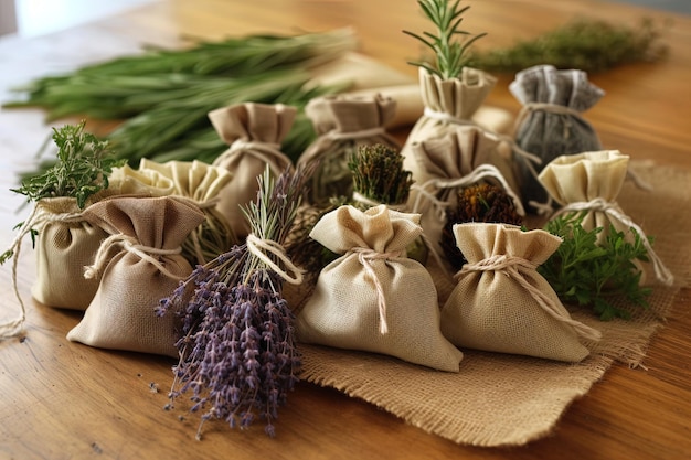 Kruidenzakjes op een tafel met een selectie planten, waaronder lavendelrozemarijn en salie