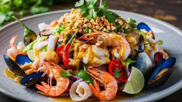 Kruidige gemengde zeevruchten salade met Thaise ingrediënten