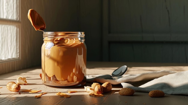 Kruik met pindakaas op een houten tafel