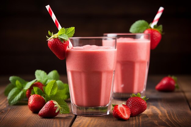 Kruik met verse aardbeien smoothie.