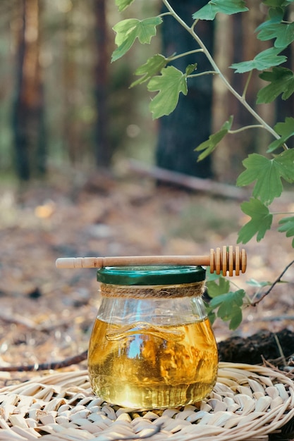 Kruik verse honing en lepel voor honing in bos