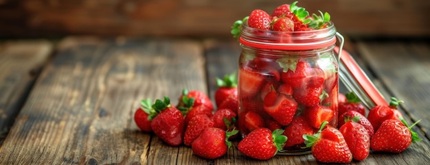 Kruik vol aardbeien op een houten tafel