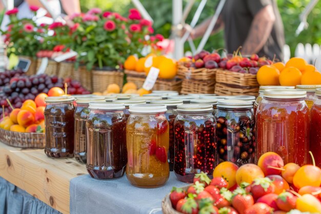 Kruiken met zelfgemaakte jam en sauzen op een plaatselijke boerenmarkt Generatieve AI