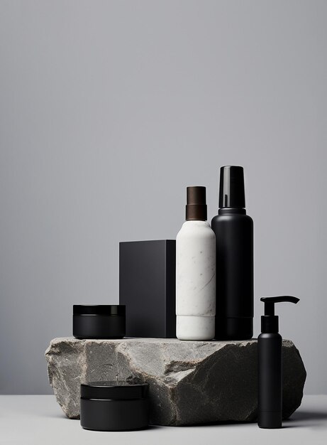 Kruiken met zwart-witte cosmetica staan op een steen op een grijze achtergrond Compositie voor een mock-up