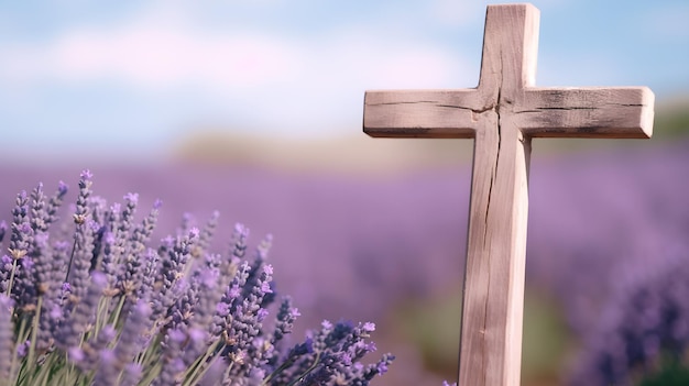 Kruis hout christelijke achtergrond op lavendelveld met wazige blauwe lucht