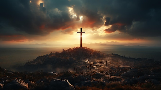 kruis in een berg bij zonsondergang