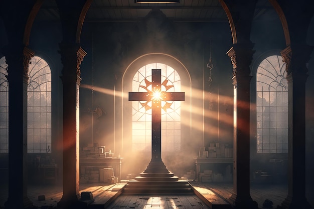 Kruis kruisbeeld verlicht door wonder van licht in kerk Geloof en religie concept Generatieve AI