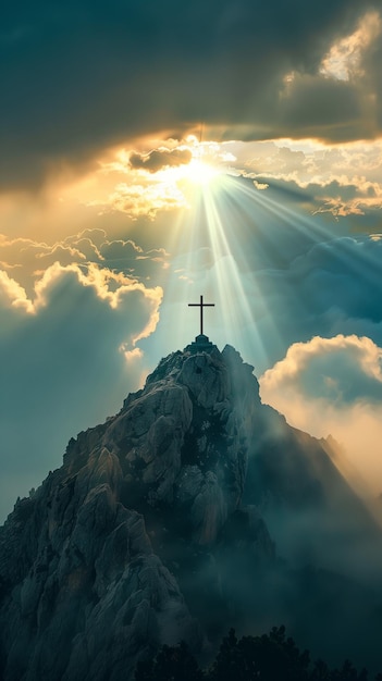 Kruis op de top van een berg met zonlicht dat door de wolken breekt Inspiratieve christelijke afbeelding