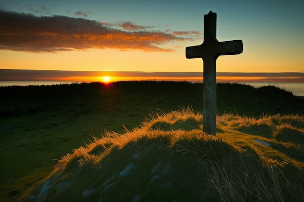 Kruis op de top van een heuvel bij zonsondergang Generatieve AI