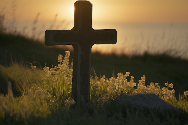 Kruis op een weiland met bloemen bij zonsondergang op de achtergrond Generatieve AI