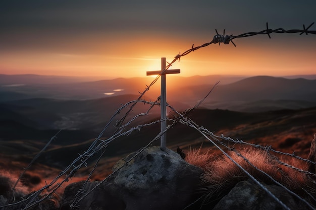 Foto kruis van jezus christus breekt barrièredraad op een achtergrond ai