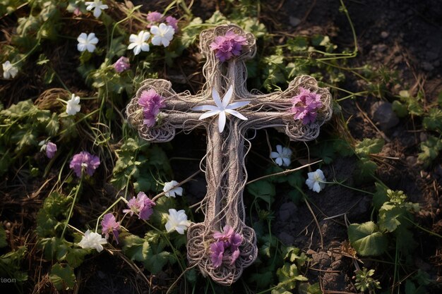 Foto kruis van jezus christus met kleurrijke bloemen op een begraafplaats