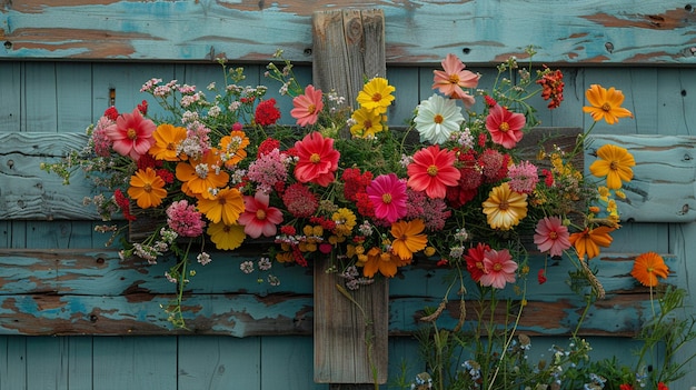 Kruis versierd met kleurrijke bloemen die de achtergrond symboliseren