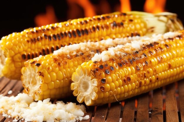 Foto kruisdoorsnede van gegrilde maïs op de kolf met gekaramelleerde kernen