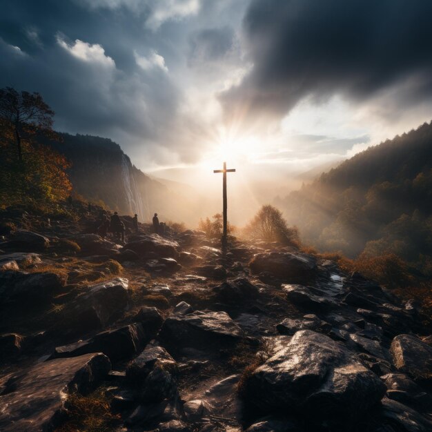 Kruisen en graven leeg met kruisiging bij zonsopgang en abstracte afgebroken lichten