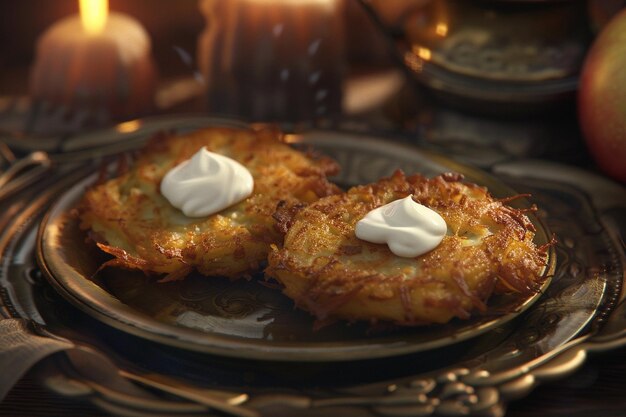 Foto kruisende aardappel latkes geserveerd met zure room en ap