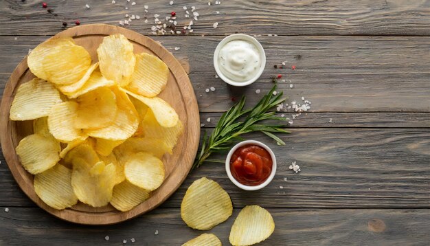 Kruisende aardappelchips en sauzen op een houten tafel lekker snack plat liggen