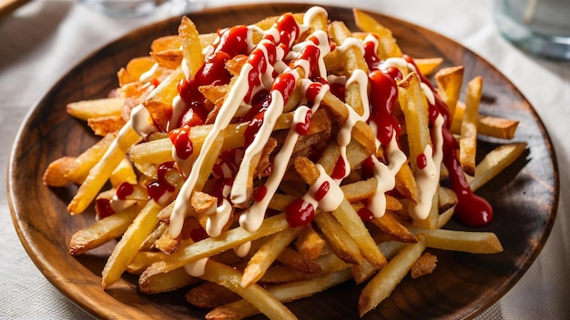 Kruisende frietjes met ketchup en mayonaise.