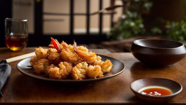 Kruisende garnalen tempura op oude achtergrond