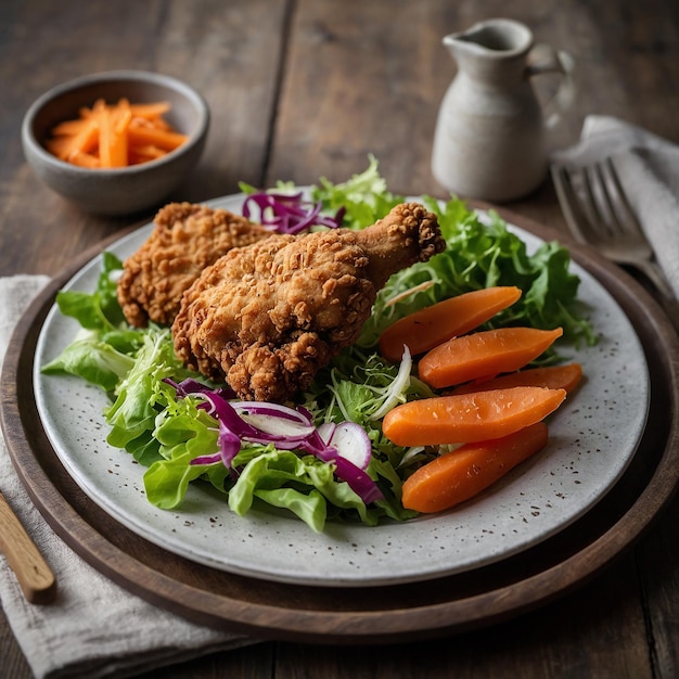 Kruisende gebakken kip op een bord met salade en wortel