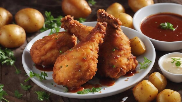 Kruisende kippen snack met saus en aardappelen