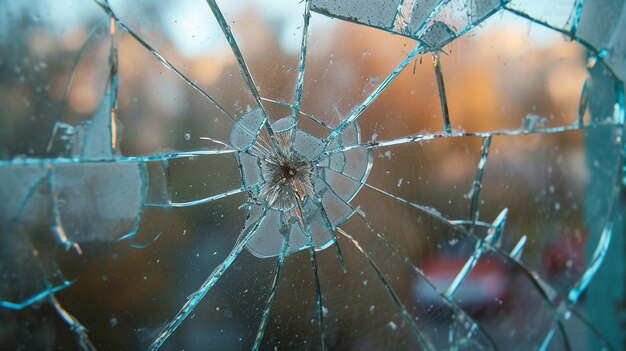 Foto kruisende lucht door de scherven van een gebroken raam omlijst een landschap gebroken glas ontmoet de wildernis