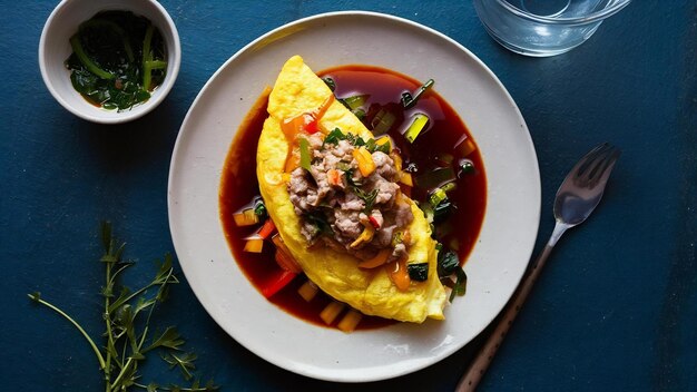 Kruisende omelet met gehakt varkensvlees en gemengde groente saus