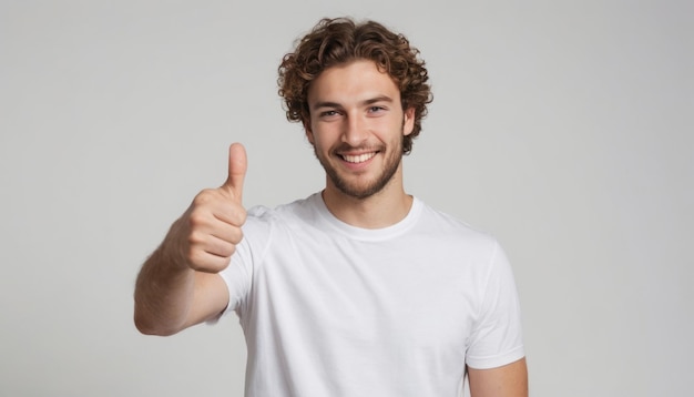 Krulharige man in wit T-shirt met duimen omhoog vriendelijke en boeiende glimlach