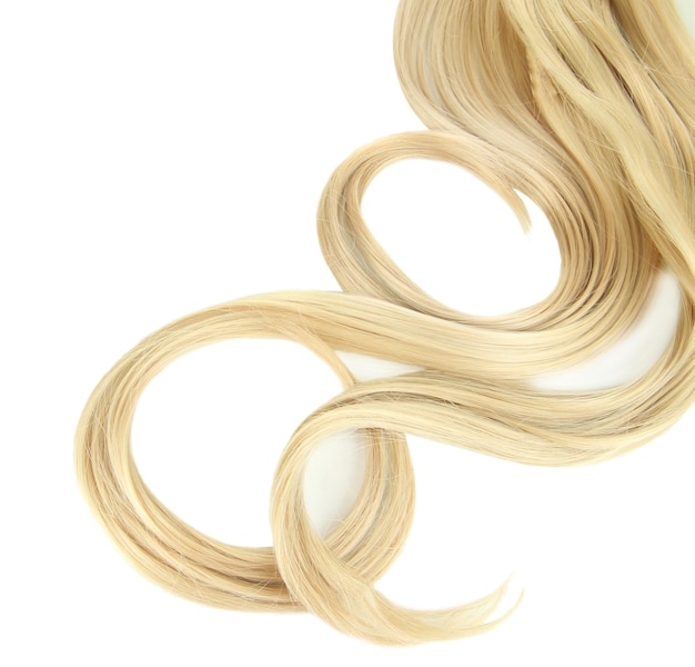 Krullend blond haar close-up geïsoleerd op white